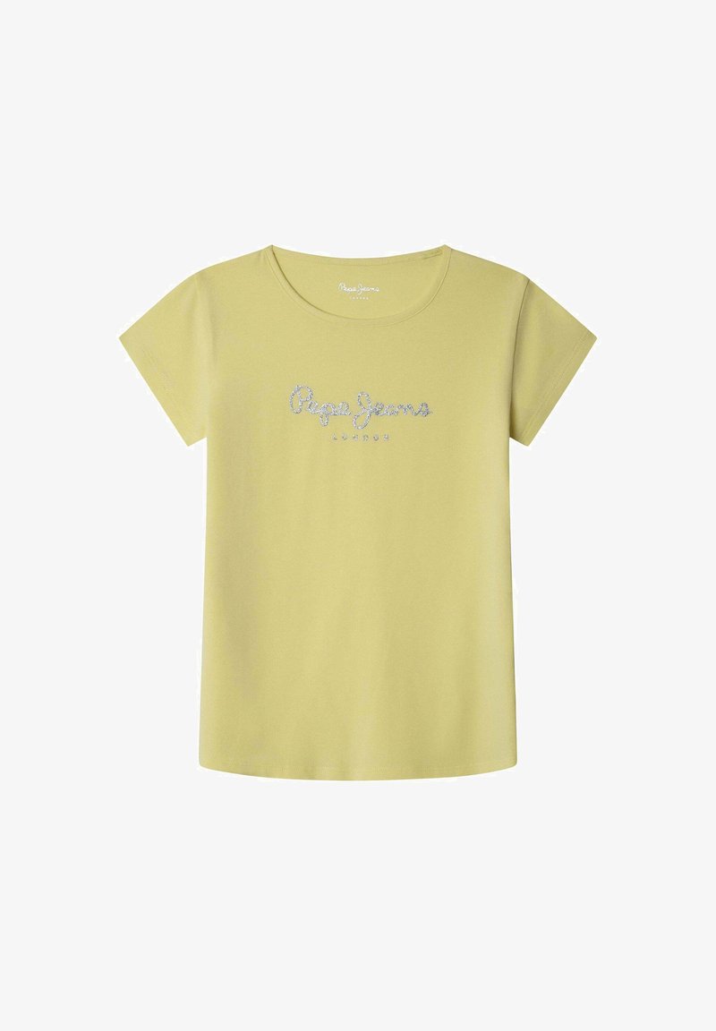 Lime žalios spalvos marškiniai trumpomis rankovėmis, pagaminti iš minkštos medžiagos, su sidabro spalvos įspaudu "Pepe Jeans London" krūtinės srityje.