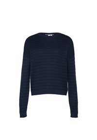 Marineblauwe gebreide trui met een tekstuur en ribbelpatroon. Heeft lange mouwen en een ronde halslijn, met een ontspannende, cropped pasvorm.