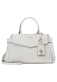 Valkoinen strukturoitu käsilaukku, jossa on teksturoidusta nahasta valmistettu pinta, musta reuna, kaksinkertaiset kahvat ja irrotettava avaimenperä. Etuosassa on logo.