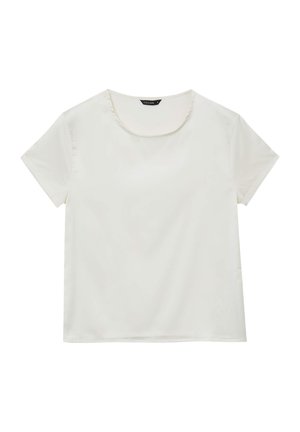Blusa bianca a maniche corte realizzata in tessuto morbido con scollatura rotonda, caratterizzata da un design semplice e priva di motivi o accenti visibili.