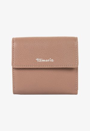 Brown textured leather wallet with a flap closure, featuring silver logo detail and white stitching along the edges. Compact rectangular design.