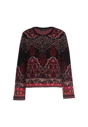 Maglione lavorato a maglia con complessi motivi floreali rossi e rosa su sfondo nero, con collo rotondo e maniche lunghe.