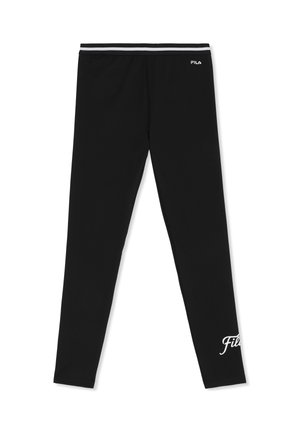 Zwarte FILA legging met wit logo op de linker dij en gestreepte elastische tailleband, atletische pasvorm, volledig lengte.