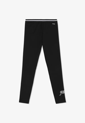 Leggings neri FILA con logo bianco sulla coscia sinistra e fascia elastica a righe in vita, vestibilità atletica, lunghezza completa.