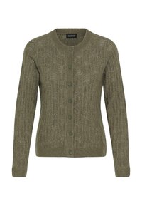 Oliivivihreä neulecardigan, jossa on tekstuuri, pyöreä kaula-aukko ja viiden napin suljenta. Varustettu ribbineuloksisilla hihoilla ja helmalla. Kevyt neulottu kangas.