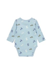 Světle modrý dlouhý rukáv dětský body s vícerozměrnými vyšitými písmeny v různých velikostech, s kulatým výstřihem a patentkami na dně.