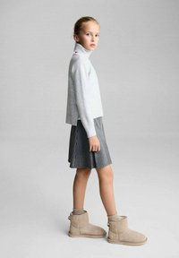 Grauer Rollkragenpullover, grau gestreifte plissierte Rock und beige Ankle Boots. Glatte Textur mit hellen Farbtönen, Seitenansicht.