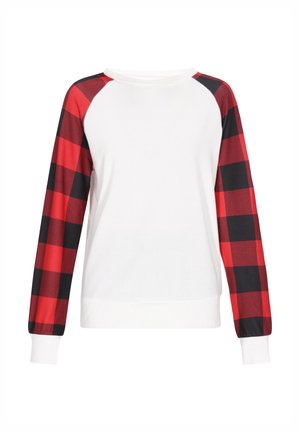 Sweatshirt alb cu mâneci raglan în carouri roșii și negre și manșete ribbate. Material moale, decolteu rotund și croială lejeră.