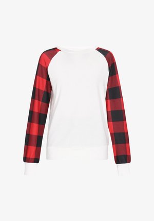 Witte pullover sweatshirt met rode en zwarte geruite raglanmouwen en geribbelde manchetten. Zacht materiaal, ronde halslijn en relaxte pasvorm.