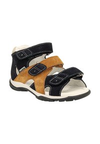 Sandali bicolore in suede blu navy e tan con cinturini a strappo, fodera interna bianca e suola in gomma nera testurizzata.