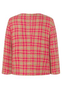 Lange mouw jas met een ruitmotief in bruin, roze en wit, gezien vanaf de achterkant tegen een witte achtergrond.