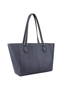 Marineblauwe totebag van gestructureerd synthetisch leer, met twee lange handvatten en een platte bodem; inclusief decoratieve stiksels en accenten.