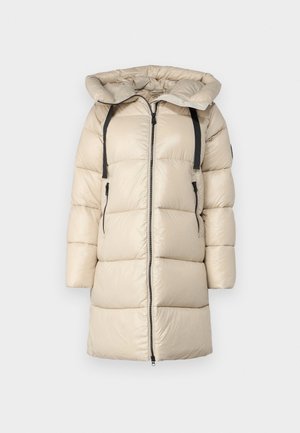 Beige puffer coat with a hood, featuring zip front closure, horizontal stitching, two side pockets, and adjustable black straps on shoulders.