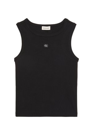 Top negru fără mâneci, cu dungi, guler rotund, etichetă Calvin Klein Jeans în interiorul gulerului și o mică inscripție cu logo CK pe piept.