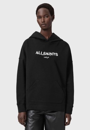Zwarte capuchontrui met voorzak, met de tekst "ALLSAINTS LONDEN" in het wit. Zachte, geprofileerde stof, oversized pasvorm.