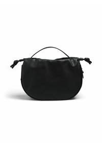 Borsa in pelle nera con forma arrotondata, texture morbida e manico piccolo. Chiusura con dettagli annodati su entrambi i lati.