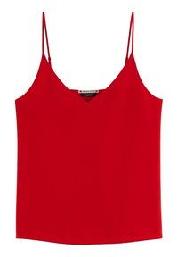 Rød ærmeløs top med tynde stropper, der har en V-halsudskæring og en glat, ensartet tekstur. Etiketten er synlig indeni og angiver mærket.