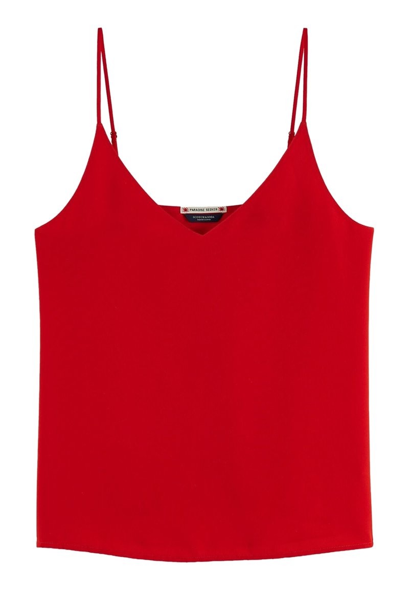 Rød ærmeløs top med tynde stropper, der har en V-halsudskæring og en glat, ensartet tekstur. Etiketten er synlig indeni og angiver mærket.