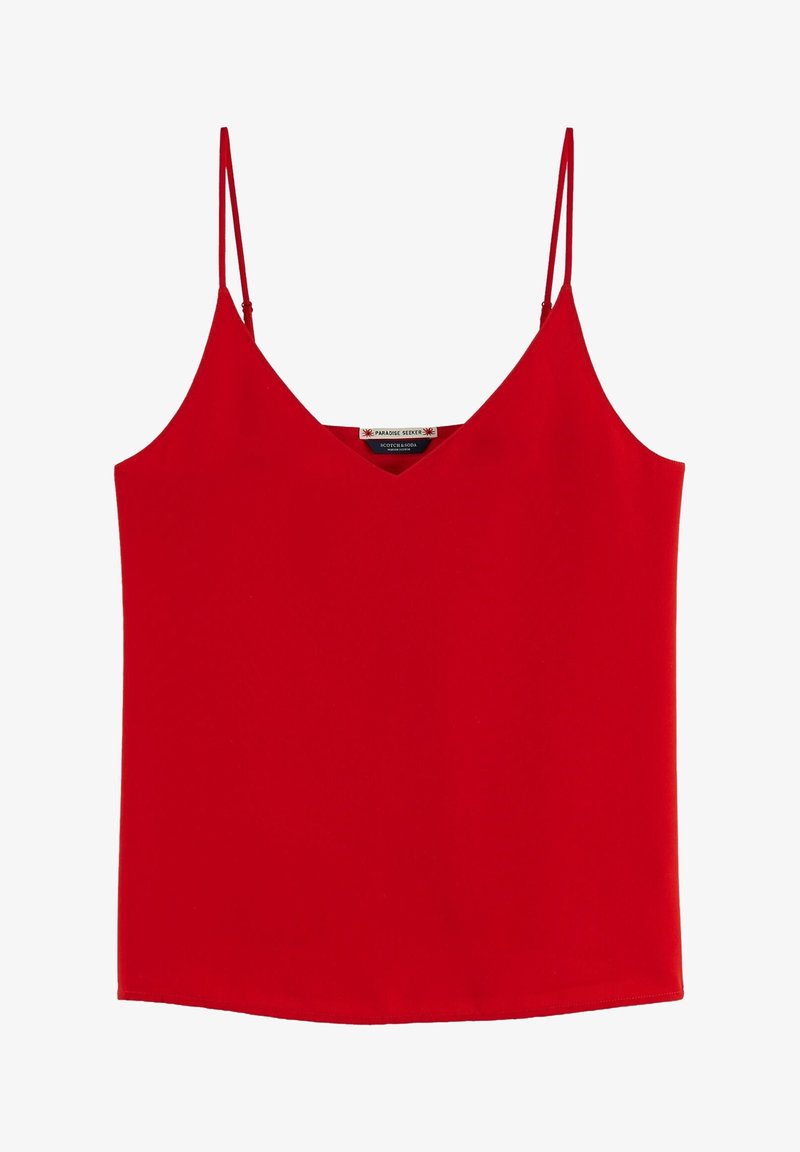 Rode mouwloze top met dunne bandjes, voorzien van een V-halsontwerp en een gladde, uniforme textuur. Het label is zichtbaar aan de binnenkant, ter indicatie van het merk.