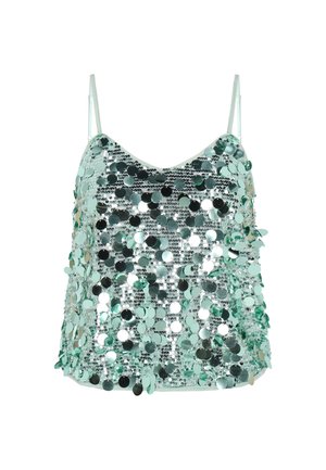 Top cu paiete verde mentă, cu bretele subțiri, având o suprafață lucioasă, texturată, acoperită cu paiete circulare și o siluetă semi-conică.
