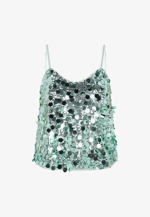 Top cu paiete verde mentă, cu bretele subțiri, având o suprafață lucioasă, texturată, acoperită cu paiete circulare și o siluetă semi-conică.