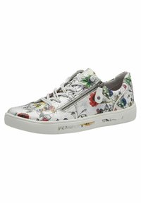 Blumige Sneakers mit einer silbernen, strukturierten Oberfläche, weißen Schnürsenkeln und einem seitlichen Reißverschluss. Gummisohle mit mehrfarbigen Blumenmustern auf dem Obermaterial.