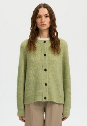 Nő hullámos barna hajjal, világoszöld gombos kardigánt visel bézs nadrág fölött, egyszínű világos háttér előtt áll.