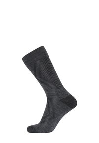 Grå ankelstrømpe med ribbet kant og struktureret design, lavet af et blødt stof, der har forskellige nuancer og mønstre.