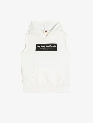 Weißer ärmelloser Hoodie mit einer vorderen Tasche, ausgestattet mit einem schwarzen rechteckigen Grafikdesign und weißem Text "Keep Ready Sport Time" sowie einem Fußballmotiv.