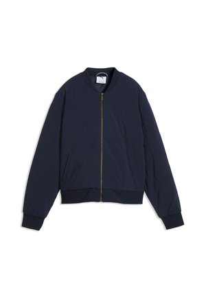 Blouson bomber matelassé bleu marine avec fermeture éclair à l'avant, col, poignets et bas côtelés, présenté à plat sur fond blanc.