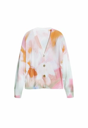 Cardigan multicolore con motivo floreale in tonalità pastello di rosa, arancione e verde, con una chiusura a bottoni e maniche lunghe.