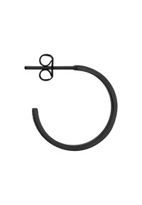 Grande orecchino a cerchio circolare realizzato in metallo nero, con un profilo sottile e liscio e un meccanismo di chiusura con un anello decorativo.