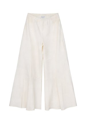 Pantalones anchos color crema con cintura elástica, confeccionados con tela ligera, diseñados para un ajuste cómodo.