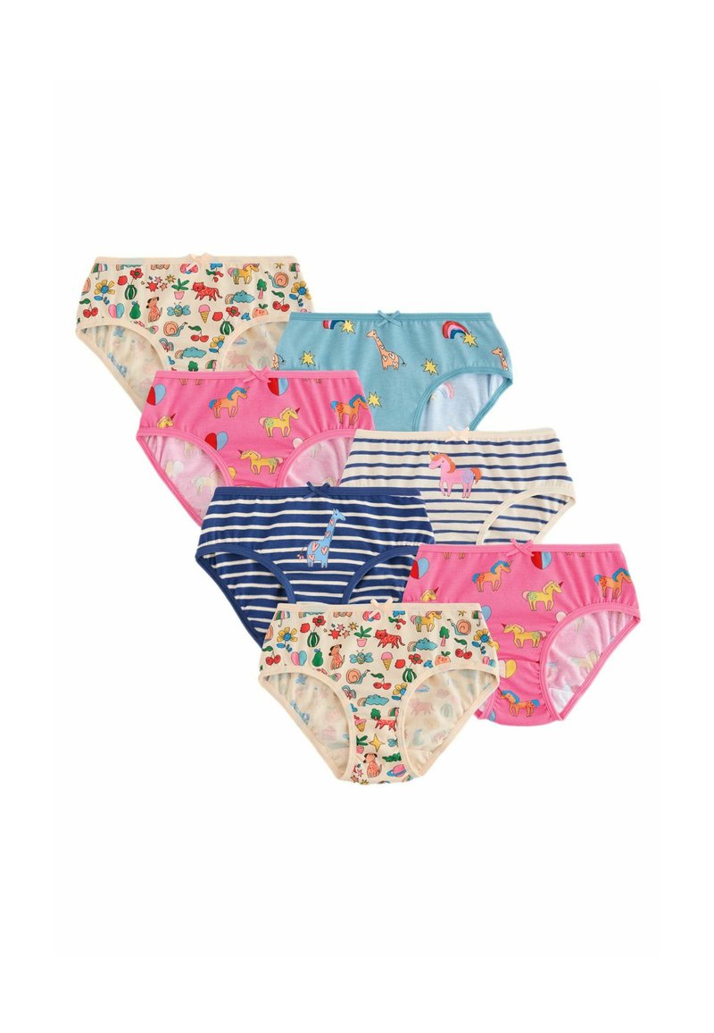 Fem par cotton underwear i forskellige farver og mønstre: lyserød med enhorn, blå med giraffer og multicolor maddesigns.