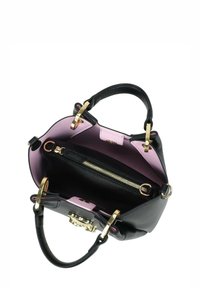 Borsa a mano in pelle nera con interno rosa, tasca con zip e ferrature dorate. Il design presenta doppi manici e una forma strutturata.