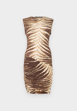 Ärmelloses knielanges Kleid mit braun-beigem Zebra-Muster, gerafftem Rockdetail und rundem Ausschnitt.