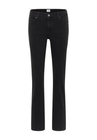 Jeans de mezclilla negra con diseño de pierna recta, estilo de cinco bolsillos y cierre de botón en la cintura. Textura suave y costuras mínimas.