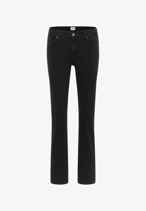 Schwarze Denim-Jeans mit geradem Beinschnitt, fünf Taschen und einem Knopfverschluss an der Taille. Glatte Textur und minimale Nähte.