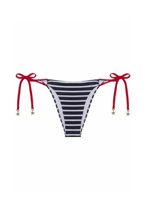 Slip cu dungi, cu dungi albastre și albe, șnururi roșii legate pe lateral și accente cu stele aurii. Material dintr-un amestec de bumbac cu o textură netedă.