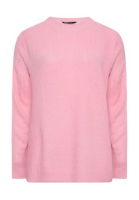 Rosa stickad tröja med avslappnad passform, rund halsringning och långa ärmar; har ribbad textur och detaljer vid ärmsluten.