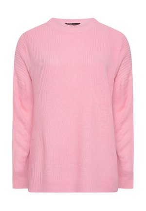 Roze gebreide trui met een relaxte pasvorm, ronde halslijn en lange mouwen; beschikt over een ribbeltextuur en details bij de manchetten.
