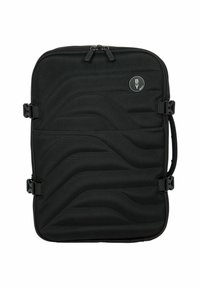 Zwarte gewatteerde laptoptas met een golvend textuurpatroon, voorzien van ritsen, een logo en verstelbare zijclips voor een veilige sluiting.