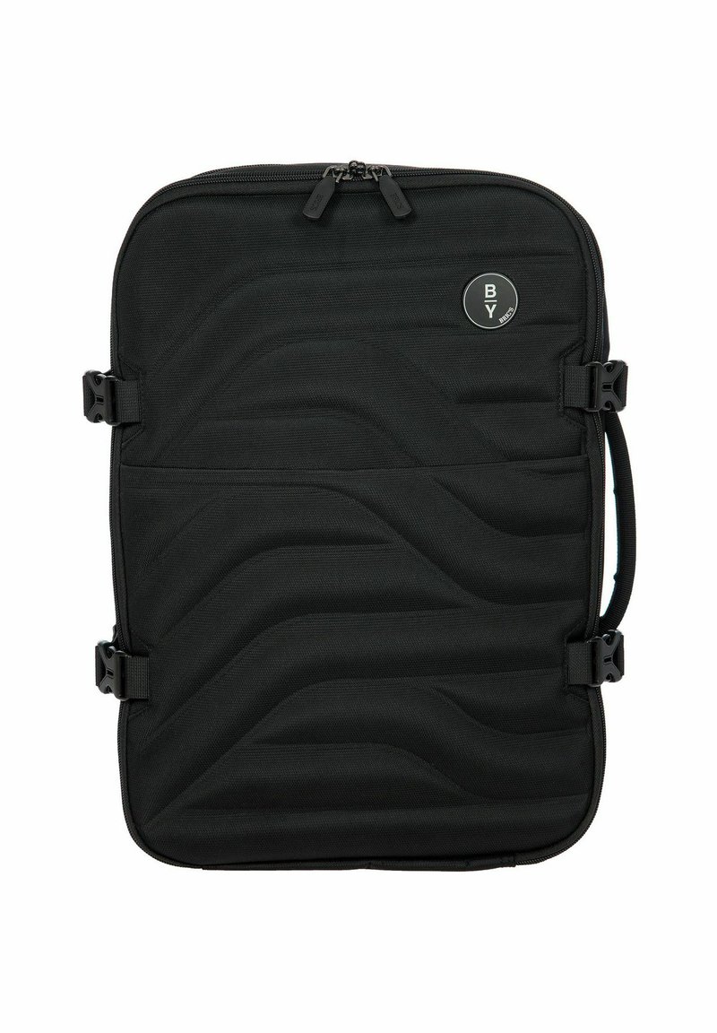 Zwarte gewatteerde laptoptas met een golvend textuurpatroon, voorzien van ritsen, een logo en verstelbare zijclips voor een veilige sluiting.