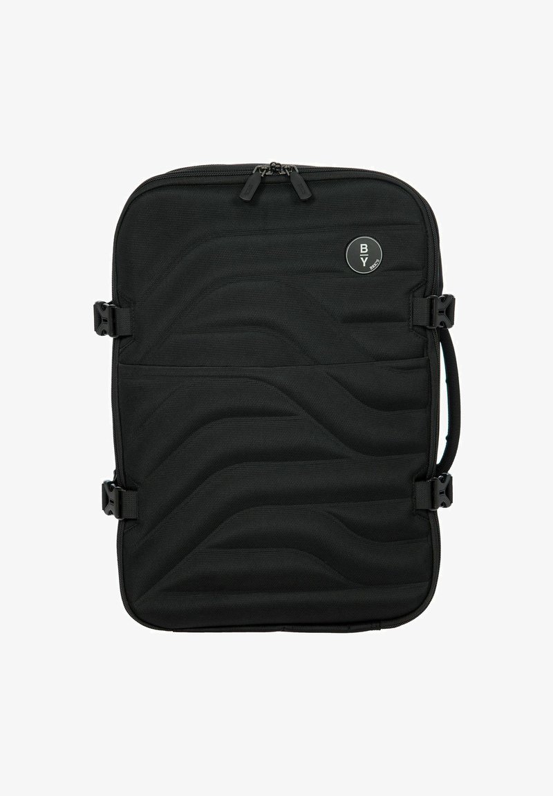 Zwarte gewatteerde laptoptas met een golvend textuurpatroon, voorzien van ritsen, een logo en verstelbare zijclips voor een veilige sluiting.