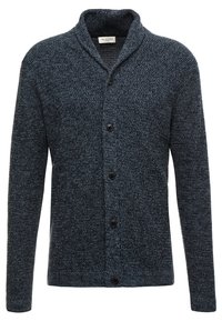 Navy blue knitted cardigan with a shawl collar, featuring a textured pattern, long sleeves, and five black buttons down the front.