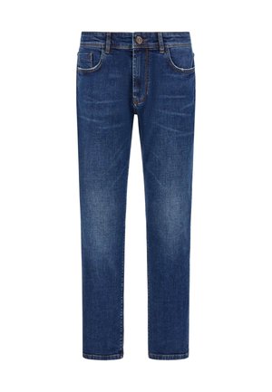Jean en denim bleu foncé avec une coupe droite, conception à cinq poches, décoloration subtile et couture décorative au niveau de la taille et des poches.