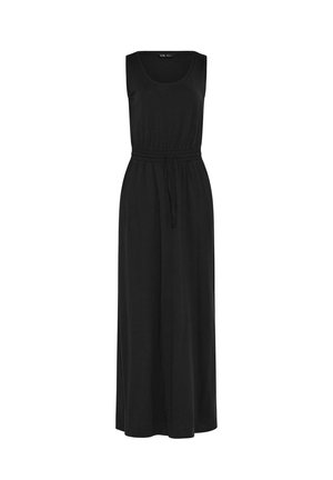 Hihaton musta maximekko, jossa on pyöreä pääntie ja kiristysnauha vyötäröllä, suoralahkoinen leikkaus ja laskeutuva kangas.