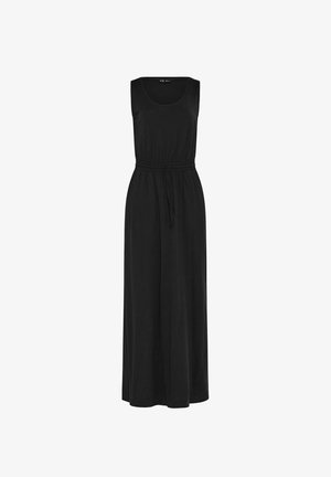 Hihaton musta maximekko, jossa on pyöreä pääntie ja kiristysnauha vyötäröllä, suoralahkoinen leikkaus ja laskeutuva kangas.