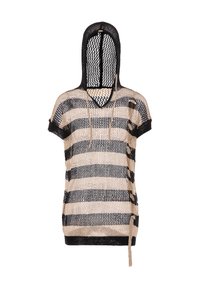 Sort og beige stribet mesh hoodie med korte �ærmer, der har hætte, v-udskæring og bindedetalje på venstre side. Strikket tekstur.
