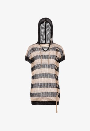 Felpa a rete a righe bianche e beige con maniche corte, dotata di cappuccio, scollatura a V e dettaglio annodato sul lato sinistro. Aspetto di maglia testurizzata.